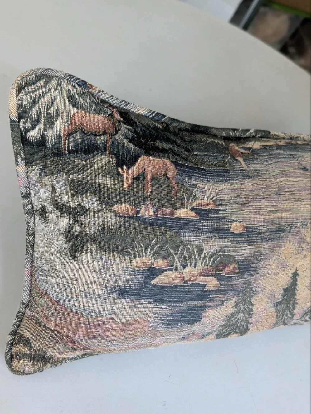 Scenic Fisherman Tapestry Accent Pillow Blue Green Dad Fishing Deer River Nature